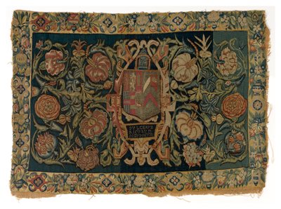 Tapestry Long Cushion Cover Depicting the Arms of Walter Jones and of His Wife Eleanor Pope, Made Possibly in Sheldon, England, After 1600 by English School