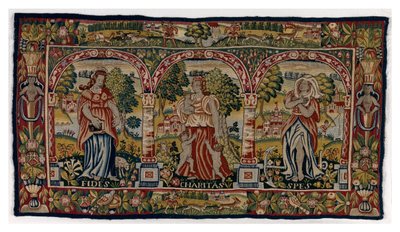 Tapestry long cushion depicting Faith, Hope and Charity by English School
