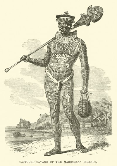 Tattooed Savage of the Marquesan Islands by English School