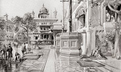 The Akal Takht or Akal Bunga, Harmandir Sahib (Golden Temple) Complex, Amritsar, Punjab, India in 1864 by English School