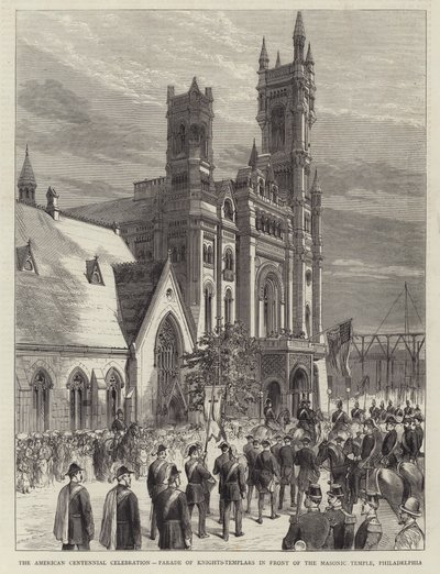 The American Centennial Celebration, Parade of Knights-Templars in Front of the Masonic Temple, Philadelphia (engraving) by English School