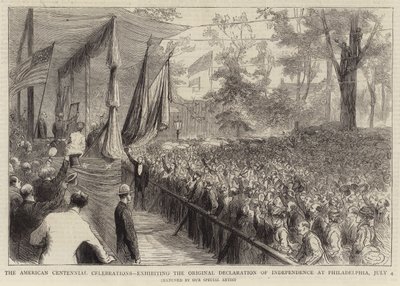 The American Centennial Celebrations, exhibiting the Original Declaration of Independence at Philadelphia, 4 July (engraving) by English School