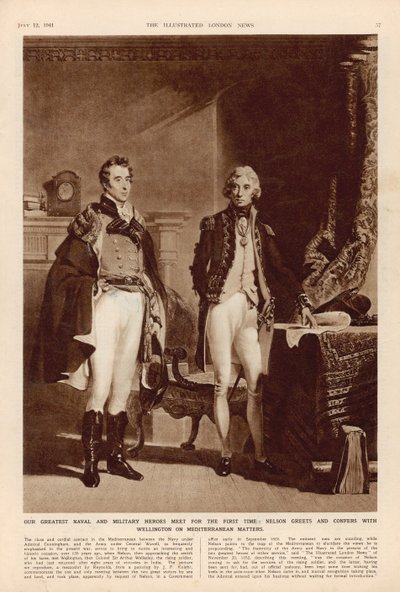 The Army and Navy: An Interview between Arthur Wellesley (1769-1852) Duke of Wellington and Lord Horatio Nelson (1758-1805) from The London Illustrated News, 12th July 1941 by English School