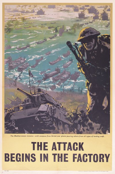 The Attack Begins in the Factory, WWII poster, 1943 by English School