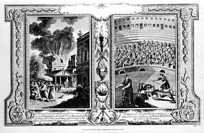 The Burning of the City of Rome and the Bishop of Antioch Being Killed by Lions, from 