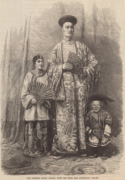 The Chinese Giant, Chang, with his wife and attendant dwarf by English School