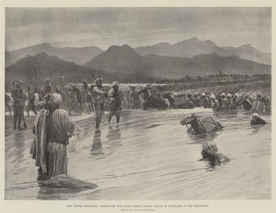 The Chitral Expedition, fording the Swat River, looking North; Village of Chatedarra in the Background by English School