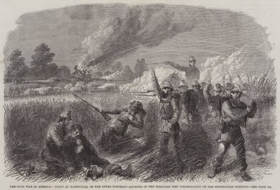 The Civil War in America, Fight at Hainsville, on the Upper Potomac, Advance of the Wisconsin Men (Federalists) on the Secessionist Position by English School