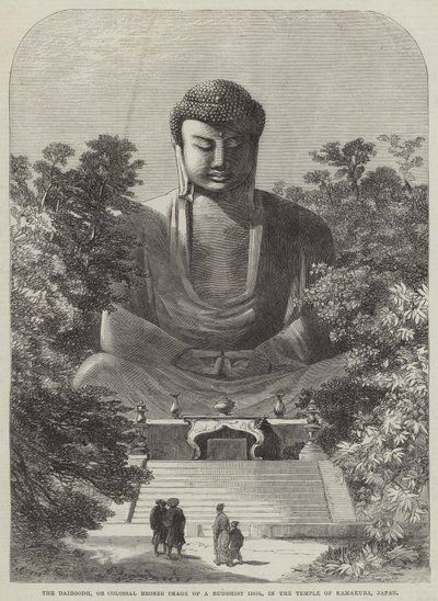 The Daiboodh, or Colossal Bronze Image of a Buddhist Idol, in the Temple of Kamakura, Japan by English School