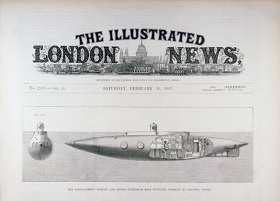 The Displacement Sinking and Rising Submarine Boat Nautilus, Working by Electric Power, from The Illustrated London News, 26th February 1887 by English School