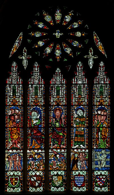 The east window depicting the Last Judgement: Christ, Virgin Mary, St John Baptist (rose window - internal) by English School