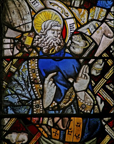 Window depicting a prophet (composite figure) with jewels of inset coloured glass by English School