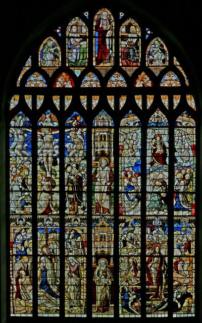 The East window depicting the Crucifixion, the Deposition, the Resurrection and the Ascension by English School