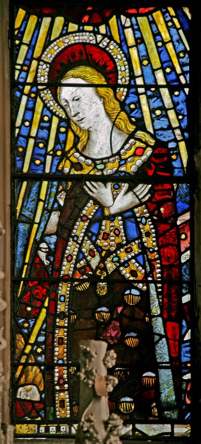 Window depicting the Virgin Mary (composite figure) - with jewels of inset glass by English School
