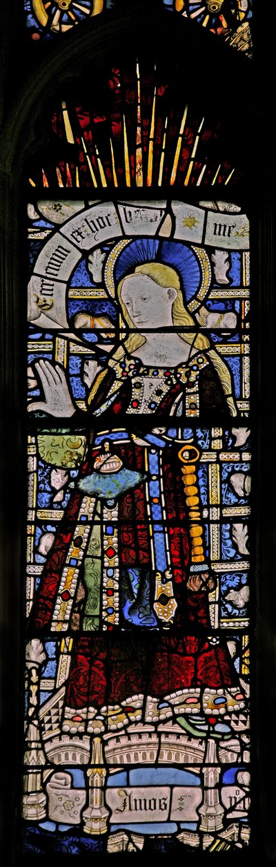 Window depicting the Virgin Mary (composite figure) - with jewels of inset glass by English School