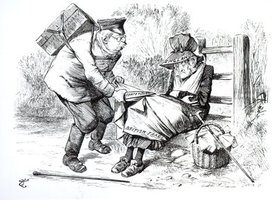 The German Commercial Traveller stealing market shares from the British trade, caricature from Punch, The London Charivari, 5th September 1896 by English School