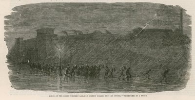 The Great Cab Strike: Scene at the Great Western Railway Station - Passengers in a Storm by English School