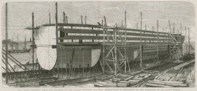 The Great Eastern Steamship; Building on the Stocks, Millwall by English School