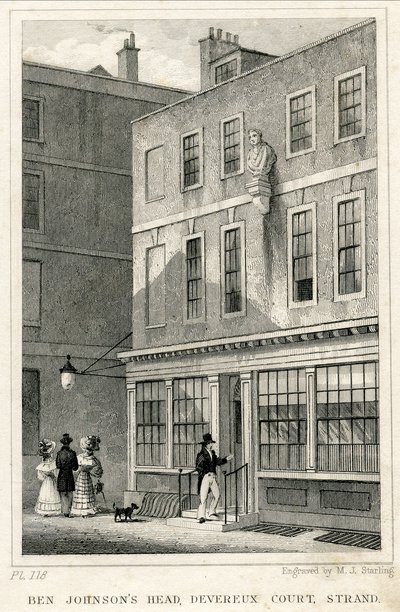 The Grecian Coffee House, Devereux Court, Strand, featuring a bust of Ben Johnson by English School