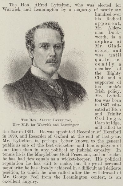 The Honourable Alfred Lyttelton, New MP for Warwick and Leamington by English School
