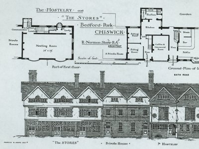 The Hostelry and The Stores, Bedford Park, Chiswick, from The Building News, 1877 by English School