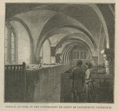The Huguenots in England: French church in the undercroft or crypt of Canterbury Cathedral by English School