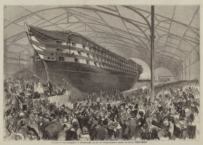 The Launch of the Marlborough at Portsmouth on 31 July, the Mastershipwright Handing the Bottle to Her Majesty by English School