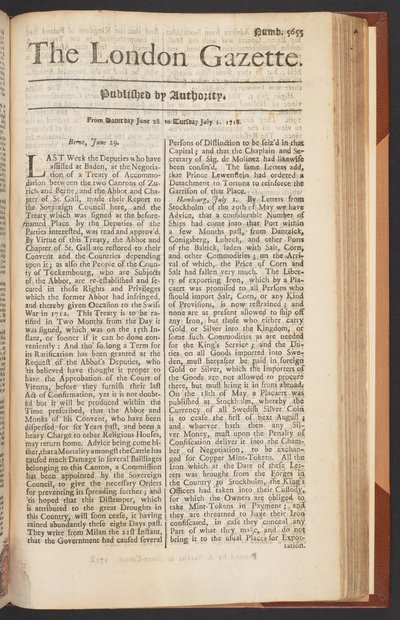 The London Gazette, issue 5655, page 1, 28th June 1718 by English School