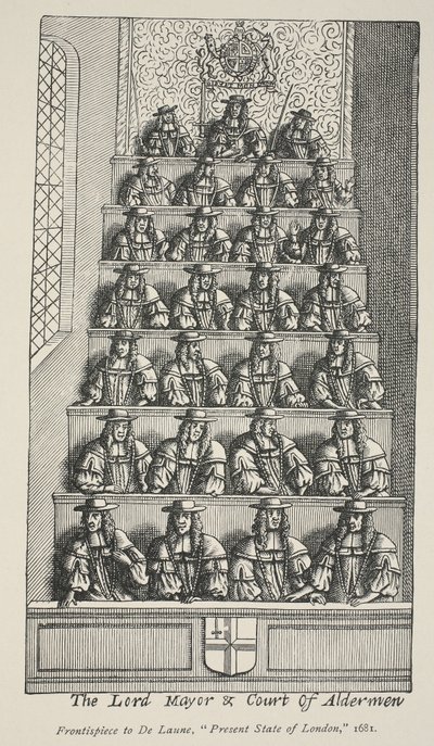 The Lord Mayor and Court Of Aldermen, frontispiece from De Launes Angliae Metropolis, 1681 by English School