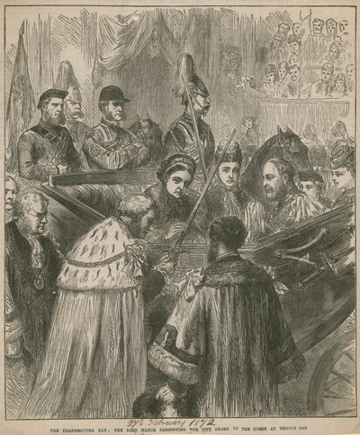 The Lord Mayor presenting the city sword to the Queen at Temple Bar by English School