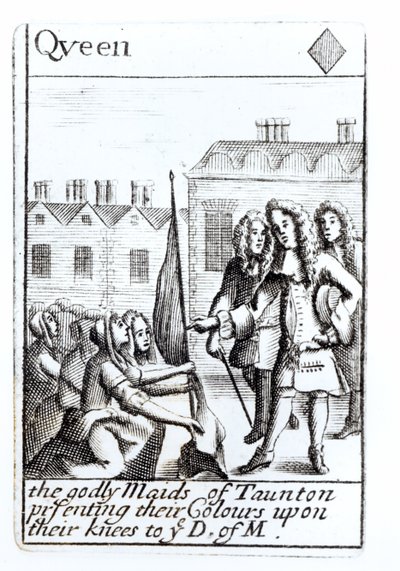 The Maids of Taunton Kneeling before the Duke of Monmouth, 18th June 1685, Queen of Diamonds Playing Card from a Set Commemorating Monmouth