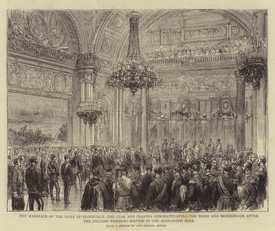 The Marriage of the Duke of Edinburgh, the Czar and Czarina congratulating the Bride and Bridegroom after the English Wedding Service in the Alexander Hall by English School