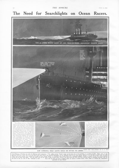 The Need for Searchlights on Ocean Liners, from The Sphere, 27 April 1912 by English School