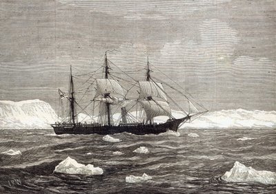 The North Pole Expedition: The Alert hoisting colours in honour of having attained the highest latitude of any ship on record, from 