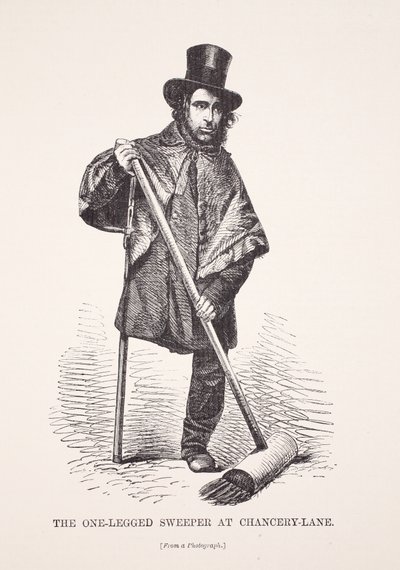 The One-Legged Sweeper at Chancery Lane, from a photograph, illustration from London Labour and London Poor by Henry Mayhew, pub. 1862 by English School