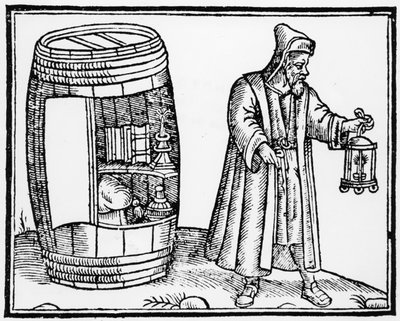 The Philosopher Diogenes searches for an honest man in the City of London with his Lantern by English School