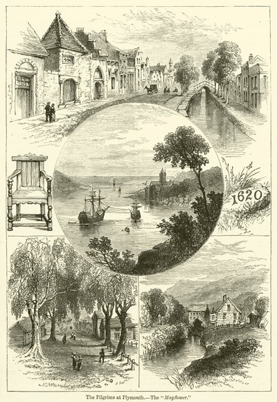 The Pilgrims at Plymouth, The Mayflower by English School