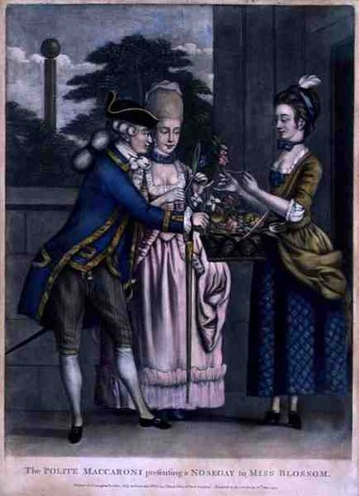 The Polite Maccaroni Presenting a Nosegay to Miss Blossom, pub. by Carington Bowles by English School