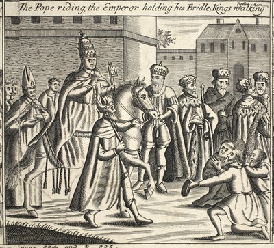 The Pope riding, the Emperor holding his bridle, Kings walking before him, illustration from Acts and Monuments by John Foxe, ninth edition, pub. 1684 by English School