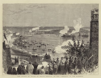 The Prince of Wales at Malta, Arrival of the "Serapis" in the Harbour by English School