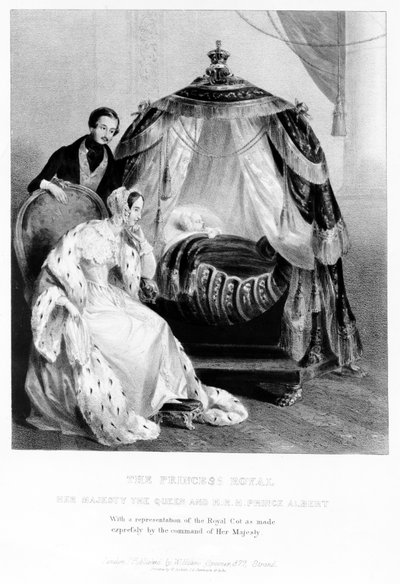 The Princess Royal, Her Majesty the Queen and HRH Prince Albert, with the royal cot by English School