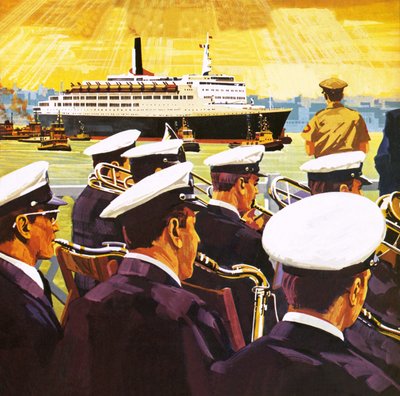 The QE2 arriving in the port of New York on Manhattan island by English School