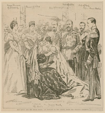 The Queen and the Royal Bride, an incident in the Chapel after the wedding ceremony, 23 July 1896 by English School