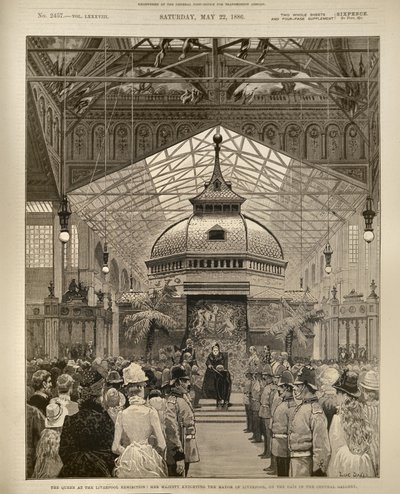 The Queen at the Liverpool Exhibition: Her Majesty Knighting the Mayor of Liverpool on the Dais in the Central Gallery, from The Illustrated London News by English School