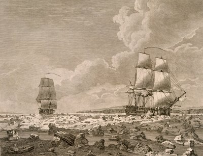 The Racehorse and Carcass forcing through the ice, August 10th 1773, from A Voyage Towards the North Pole Undertaken by His Majestys Command 1773, published London 1774 by English School