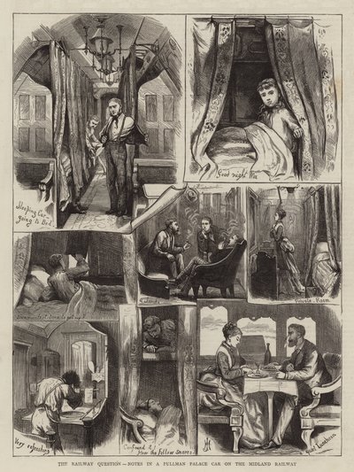 The Railway Question, Notes in a Pullman Palace Car on the Midland Railway (engraving) by English School
