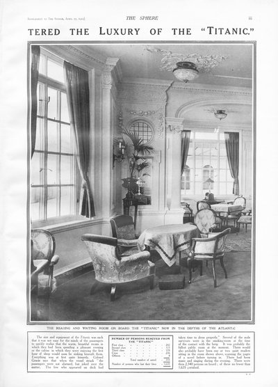The Reading and Writing Room on board Titanic, from The Sphere, 27 April 1912 by English School