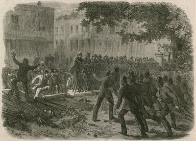 The Riot in Hyde Park: The mob pulling down the railings in Park Lane by English School