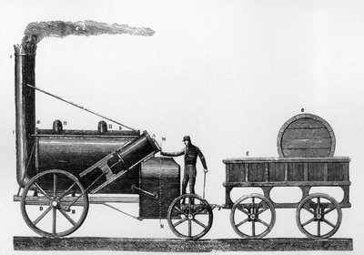 The Rocket, steam locomotive designed and built by George and Robert Stephenson in 1829 for the Liverpool-Manchester railway by English School