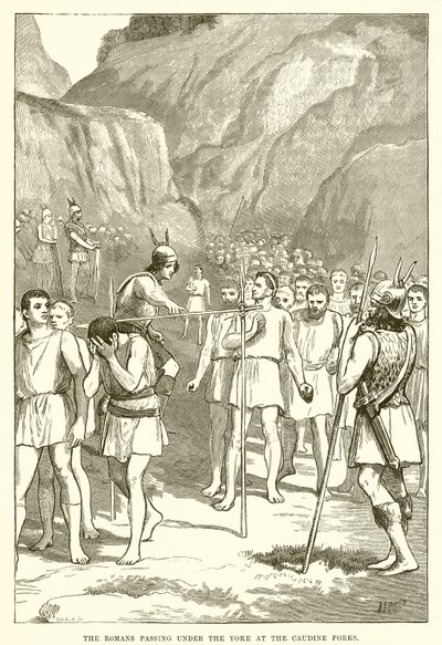 The Romans passing under the Yoke at the Caudine Forks by English School